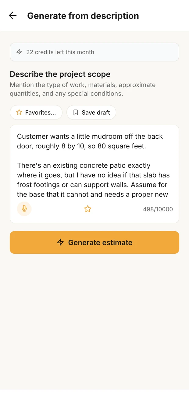 Clamp's Generate from description screen with the 8x10 mudroom described in plain words