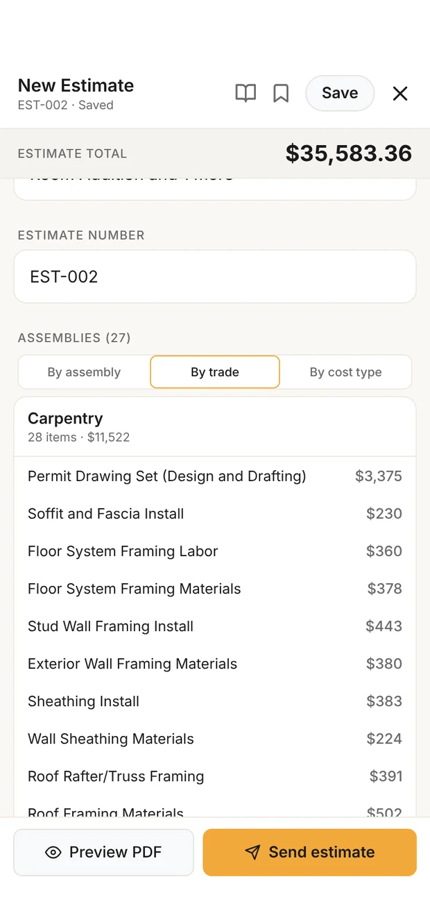 The mudroom estimate in Clamp's builder grouped by trade, carpentry first