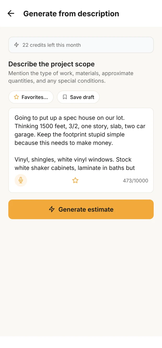 Clamp's Generate from description screen with the 1,500 sf spec ranch described in plain words