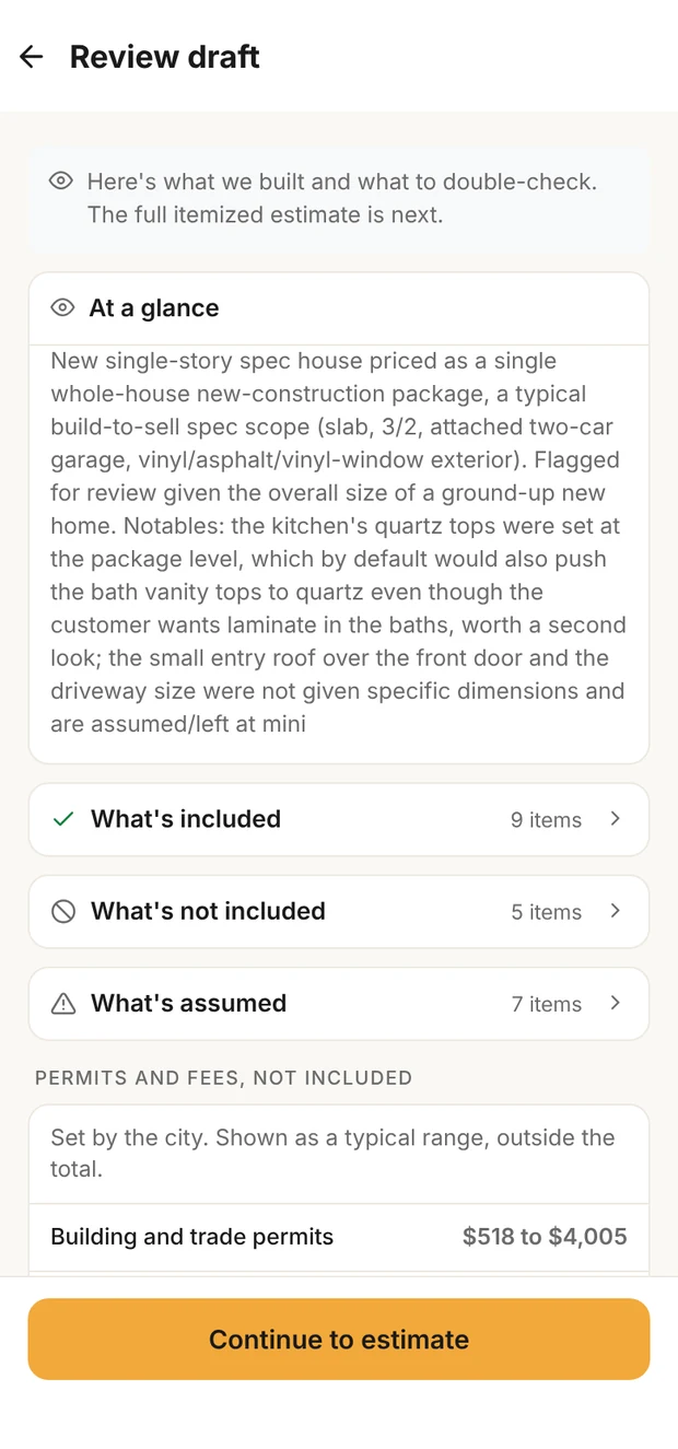 Clamp's review draft for the spec house: at a glance summary, what's included, not included and assumed, with permits shown outside the total