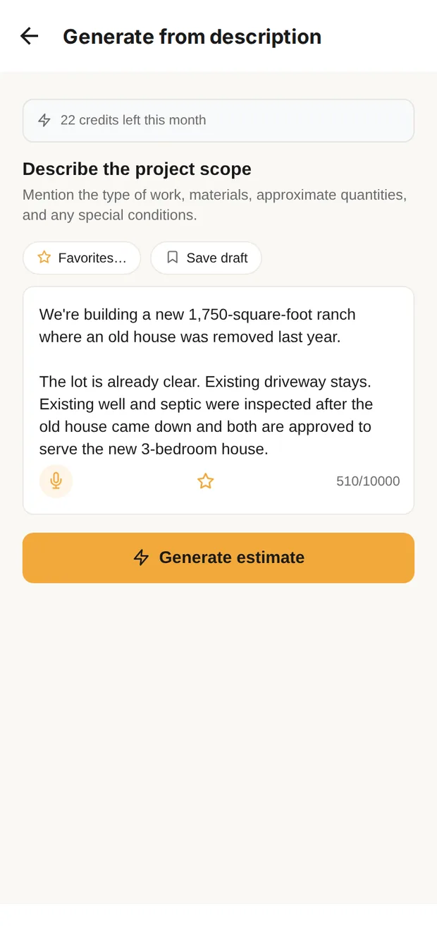 Clamp's Generate from description screen with the 1,750 sf teardown ranch described in plain words