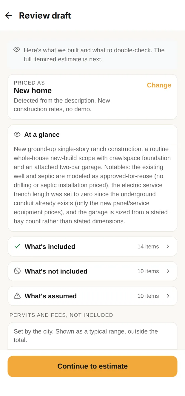 Clamp's review draft for the 1,750 sf teardown ranch: at a glance, what's included, what's not and what's assumed