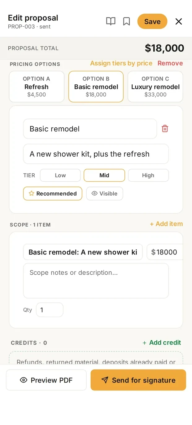 Clamp's proposal form showing three pricing options, Refresh $4,500, Basic remodel $18,000 and Luxury remodel $33,000, with Basic remodel selected and marked recommended