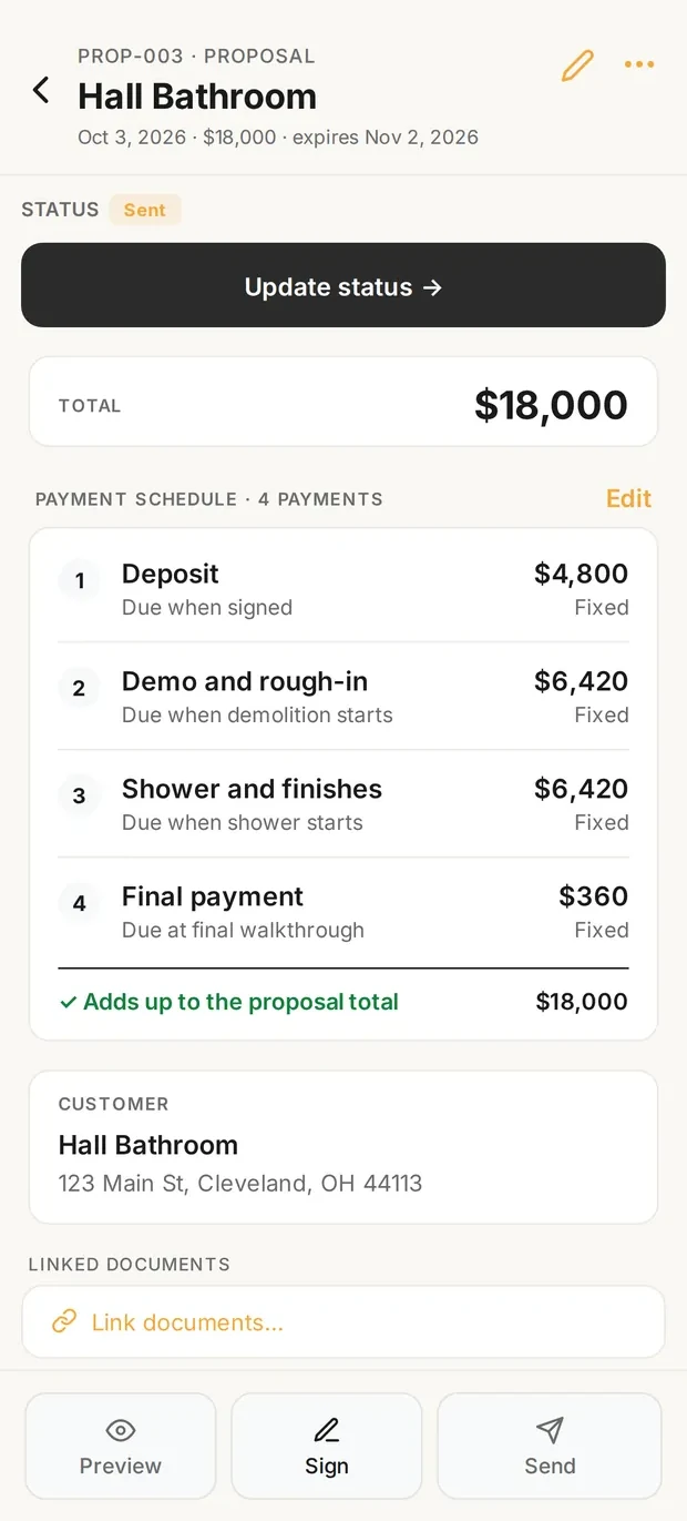 Clamp's proposal view for the $18,000 basic remodel with its payment schedule: deposit $4,800 due when signed, $6,420 due when demolition starts, $6,420 due when the shower starts, final payment $360