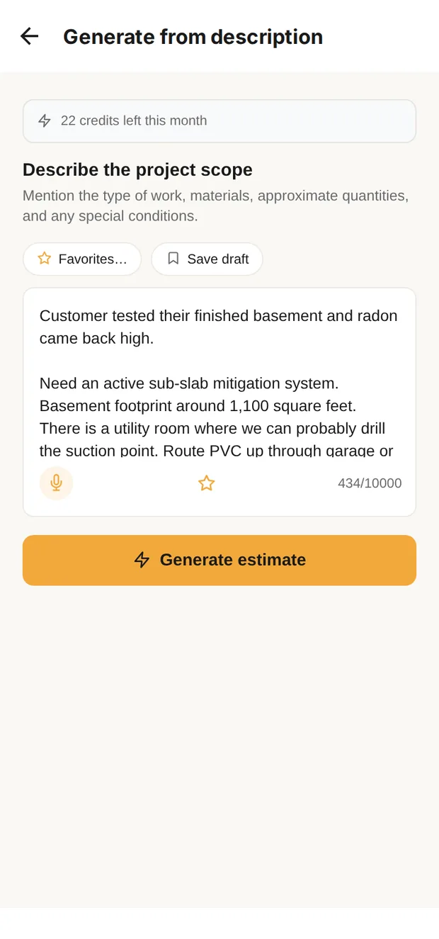 Clamp's Generate from description screen with the radon system described in plain words