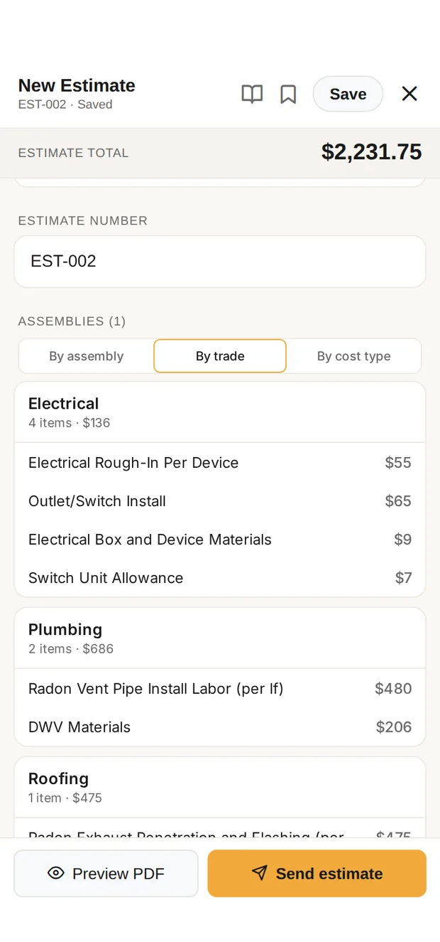 The estimate for the radon system in Clamp's builder: total $2,231.75, grouped into plumbing, electrical, roofing and specialty