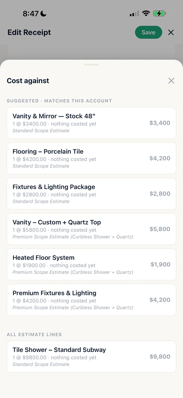 Cost against sheet listing the estimate lines a receipt can be costed to