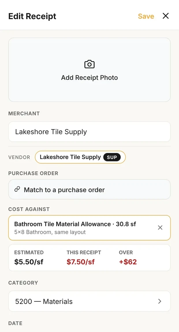 Clamp's Edit Receipt for Lakeshore Tile Supply: cost against Bathroom Tile Material Allowance, 30.8 sf, on the 5x8 bathroom estimate; estimated $5.50/sf, this receipt $7.50/sf, over +$62; category 5200 Materials