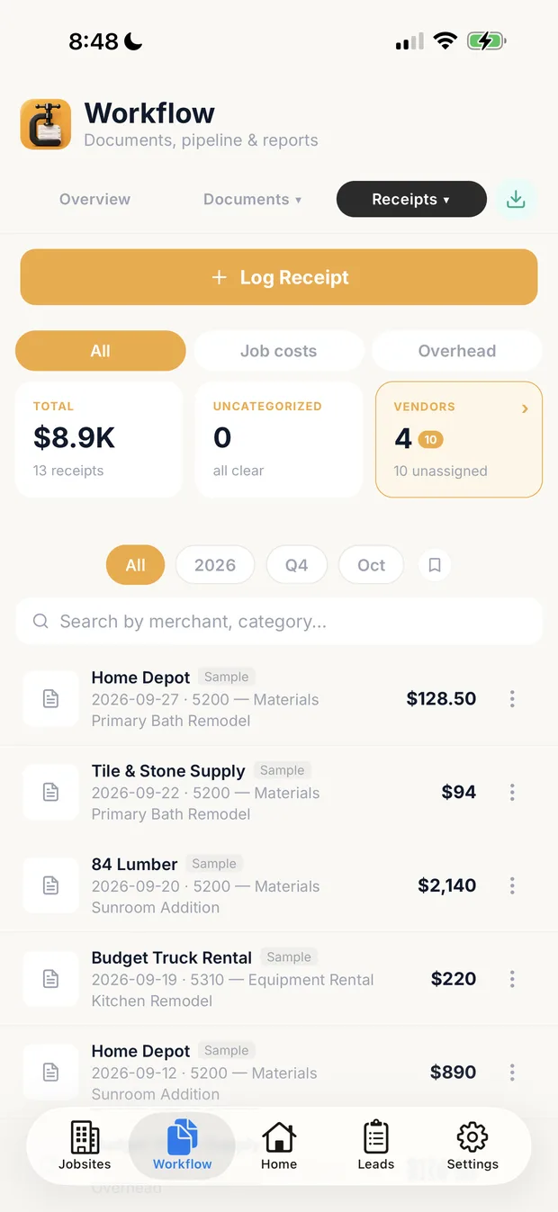 Receipts list filtered by job costs and overhead, each receipt on a job and an account