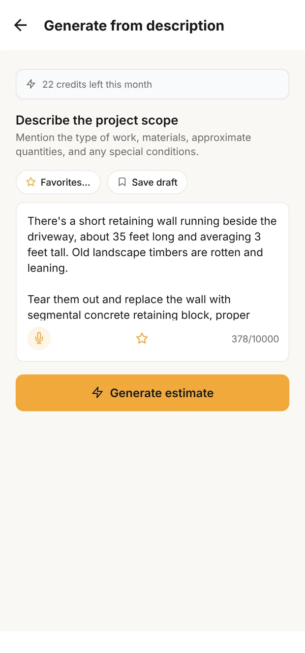 Clamp's Generate from description screen with the retaining wall replacement described in plain words