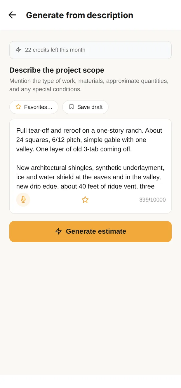 Clamp's Generate from description screen with the 24-square reroof described in plain words