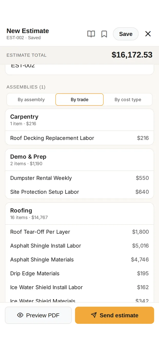 The estimate for the 24-square reroof in Clamp's builder: total $16,172.53, grouped into carpentry, demo and prep, and roofing
