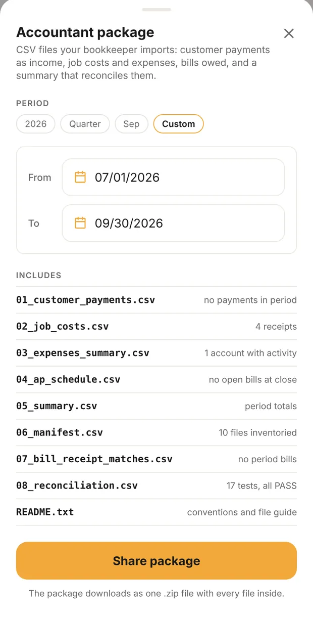 Accountant package with Custom, From and To filled