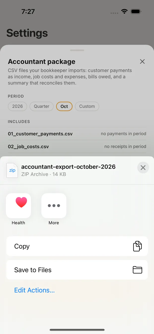 share sheet for the accountant-export .zip