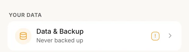 Settings, Your data, Data & Backup with the ! badge