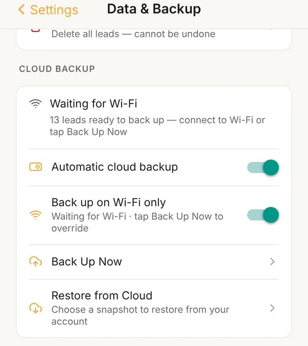 Data & Backup, CLOUD BACKUP with both switches on