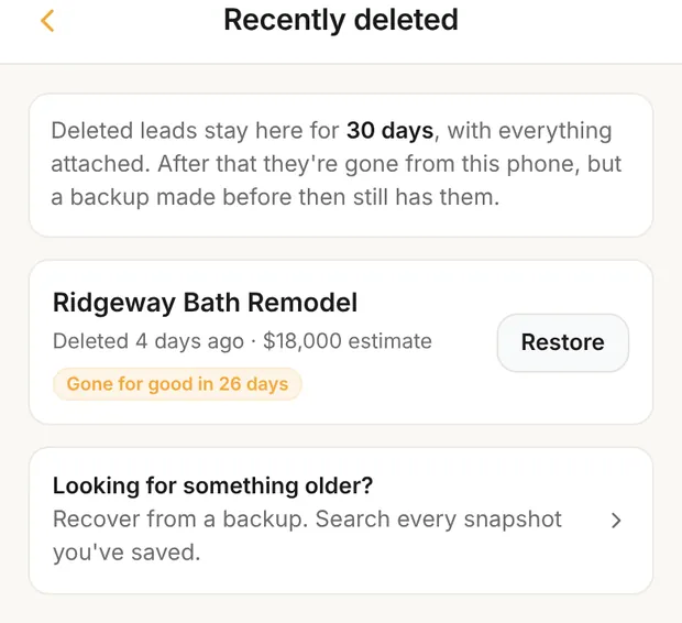 Recently deleted with one lead