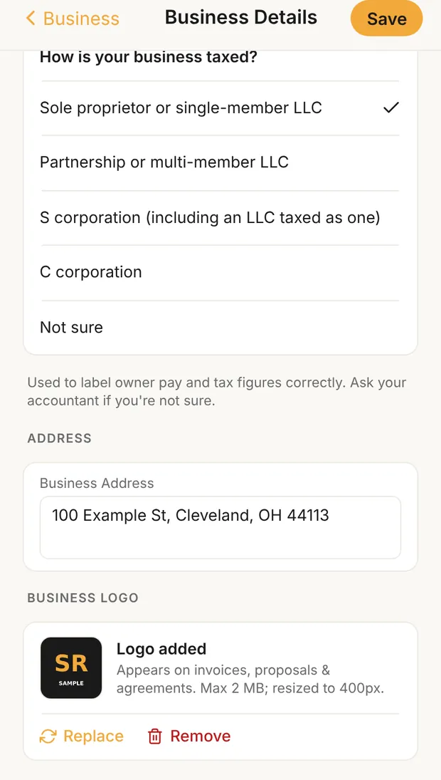 Business Details with a logo