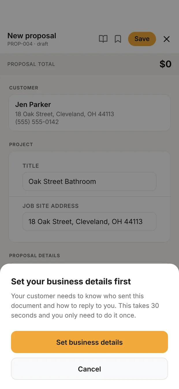 Proposal, Set your business details first