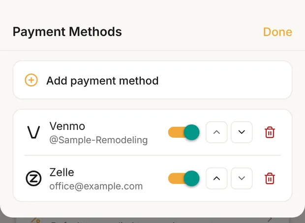 Payment Methods sheet