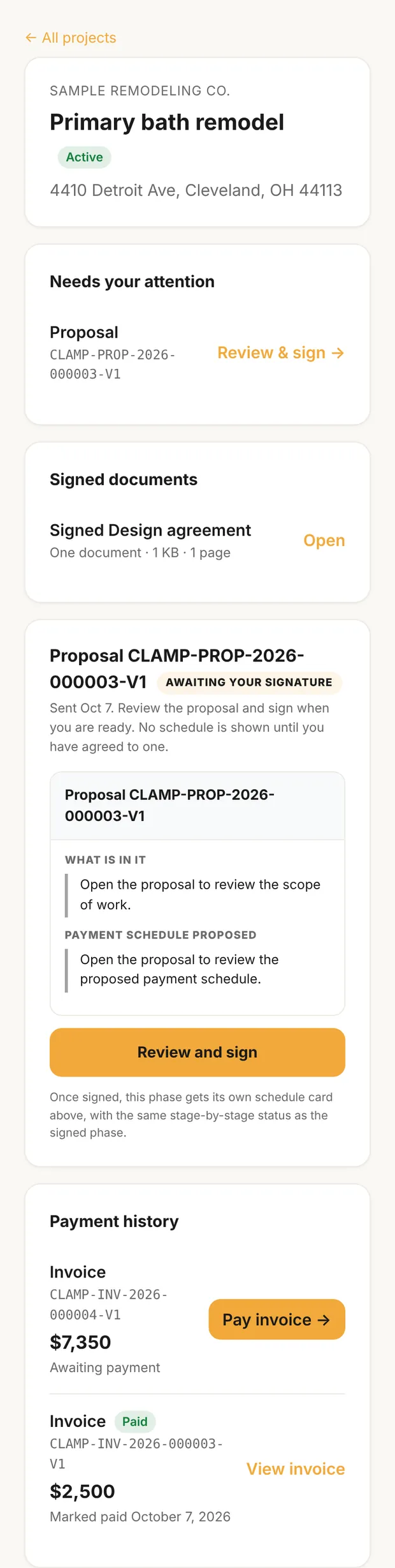 the portal's project page, Needs your attention, Signed documents, Payment history