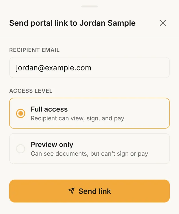 Send portal link sheet, Full access selected