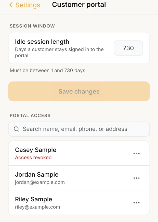 Settings › Customer portal, Session window and Portal access