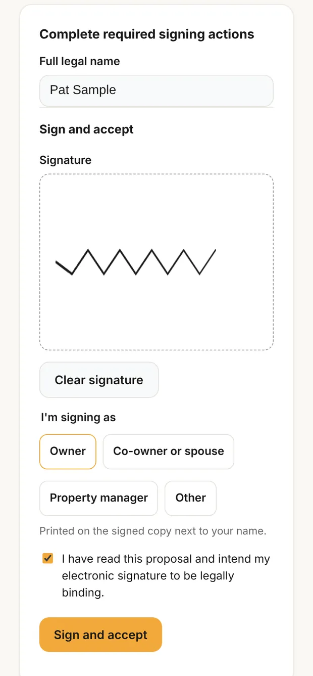 Sign and accept, filled in and ready