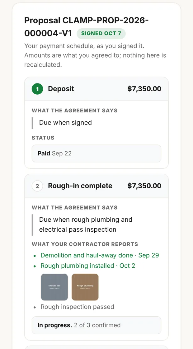 Signed proposal card, one stage paid, one in progress with photos