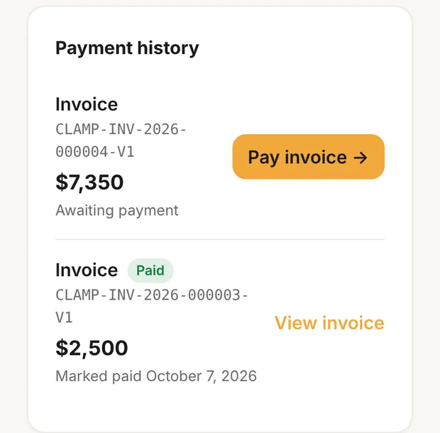 Payment history with Pay invoice → and Paid