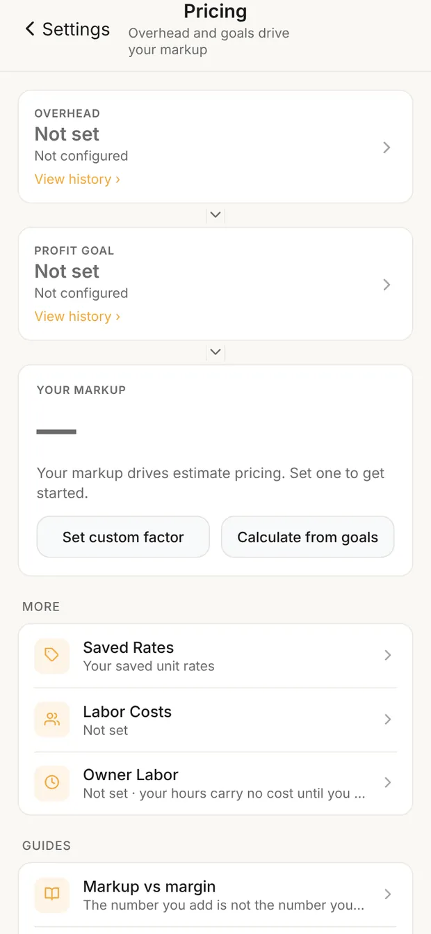 Pricing, with Overhead, Profit goal and Your markup "Not set"