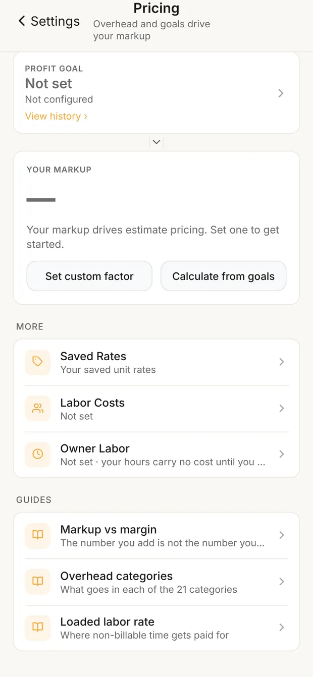 Pricing, Your markup with Set custom factor and Calculate from goals