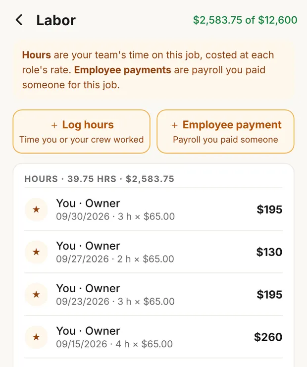Job Costs › Labor, hours × rate