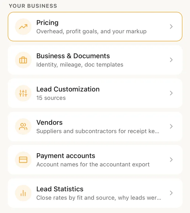 Settings, Your business with the Lead Customization row