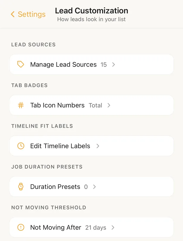 Lead Customization: sources, tab numbers, timeline labels, duration presets and not moving