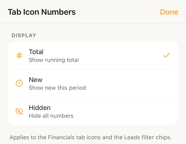 Tab Icon Numbers: Total, New or Hidden