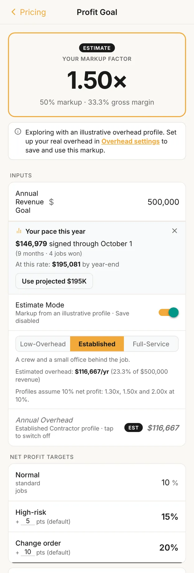 Profit Goal, Estimate Mode on, Established