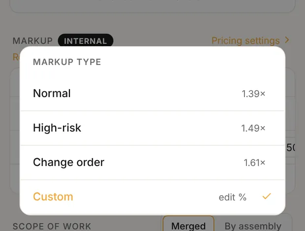 Estimate builder, Markup type picker