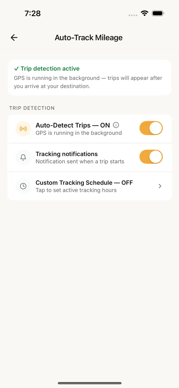 Auto-Track Mileage with location allowed and Auto-Detect Trips on