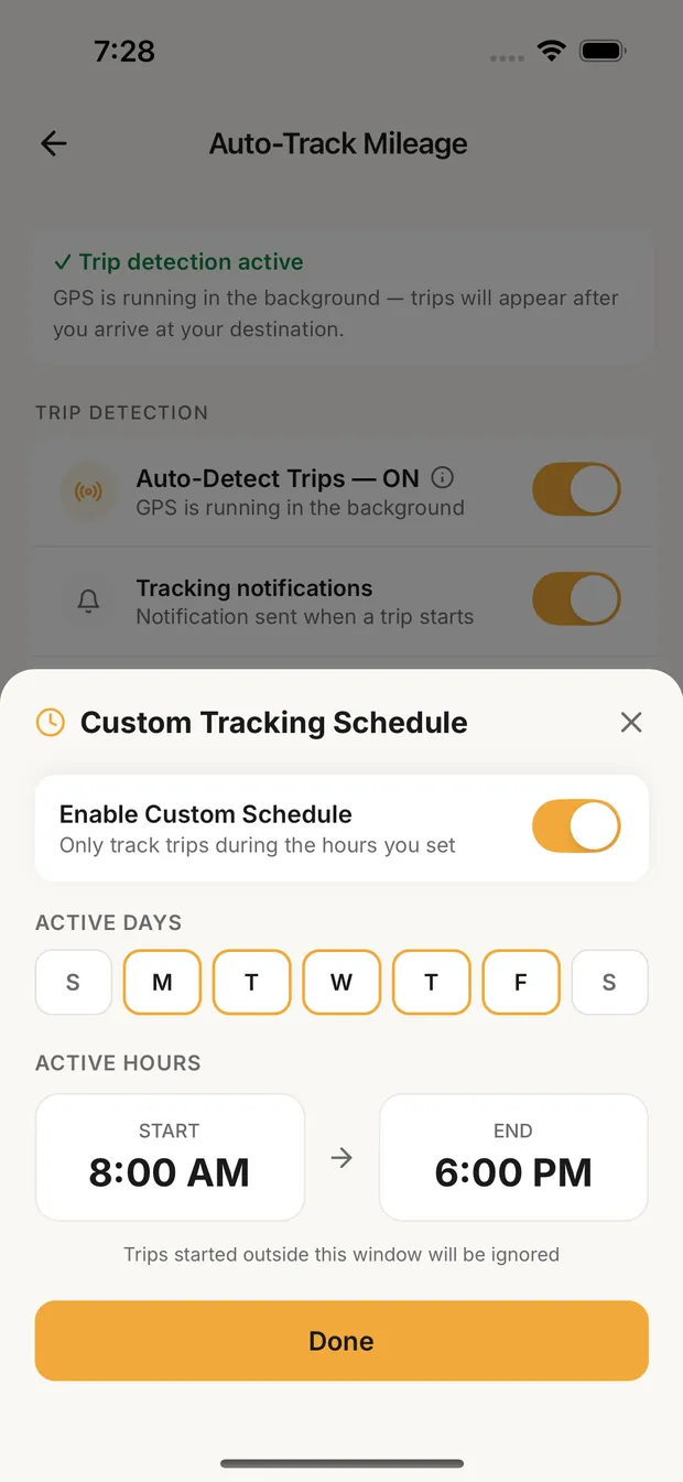 Custom Tracking Schedule with Mon to Fri, 8:00 AM to 6:00 PM