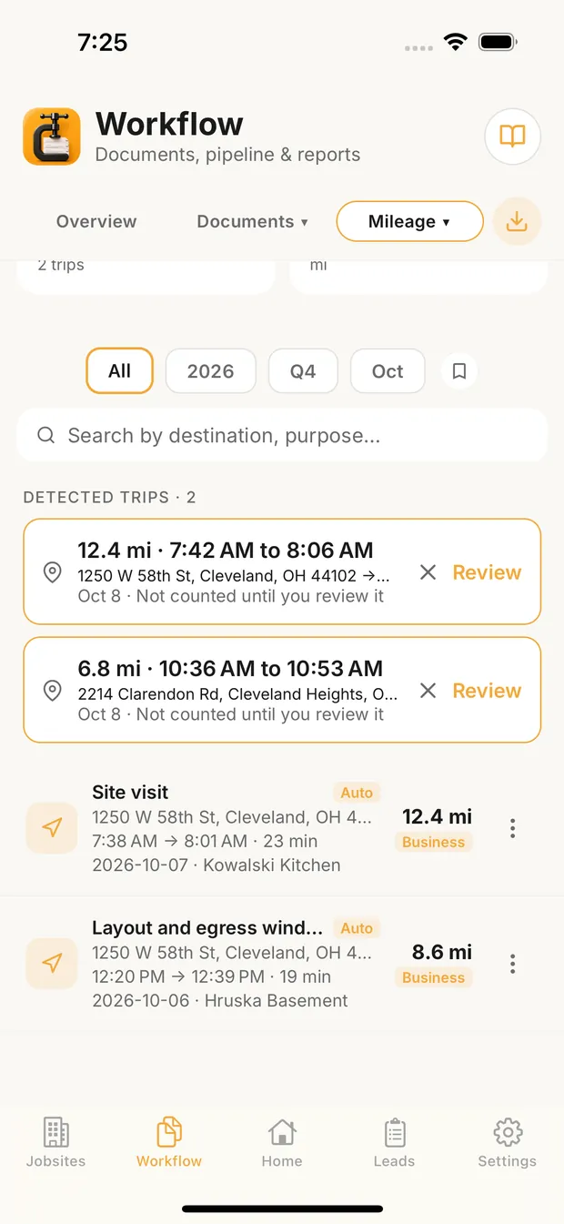 Workflow, Mileage, DETECTED TRIPS