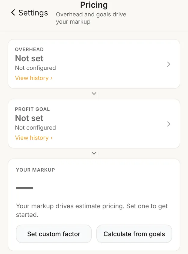Pricing, OVERHEAD "Not set", PROFIT GOAL and YOUR MARKUP below