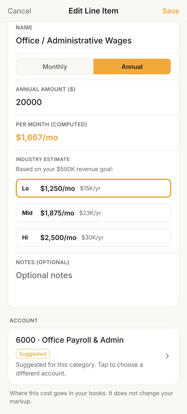 Edit Line Item, Monthly / Annual, INDUSTRY ESTIMATE, ACCOUNT