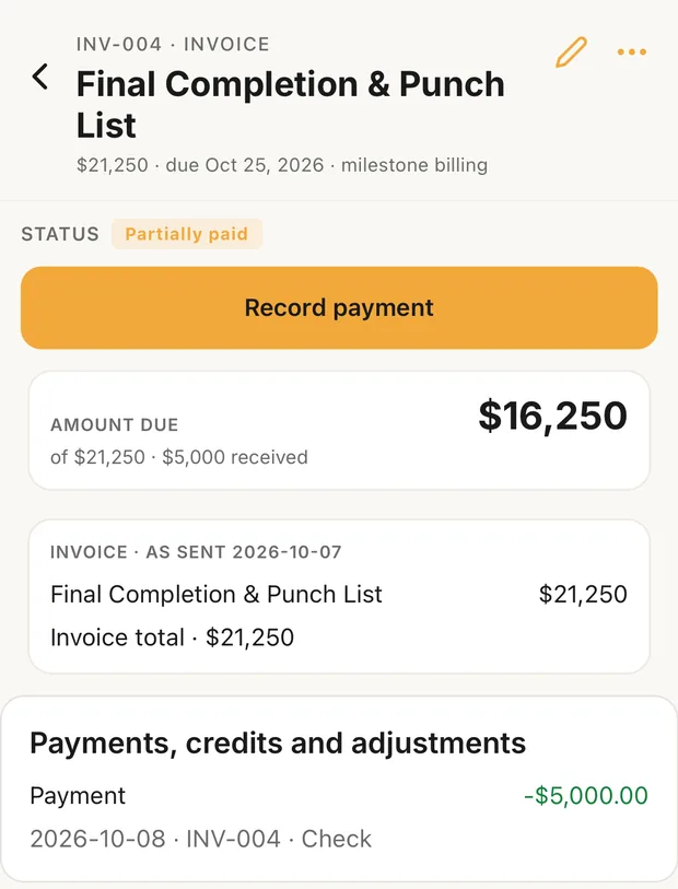 A partly paid invoice: amount due, Record payment, and the payments so far
