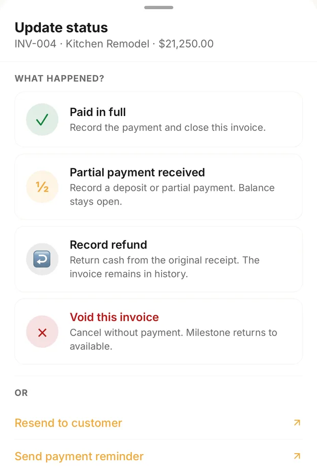 Update status: Paid in full, Partial payment received, Record refund, Void