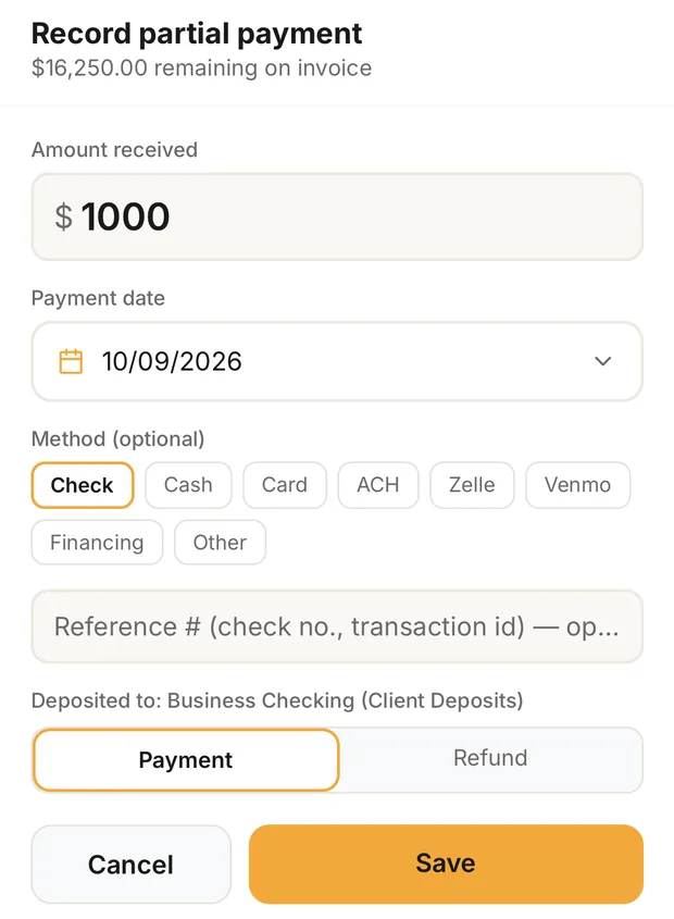 Record partial payment: amount, date, method and the deposit account