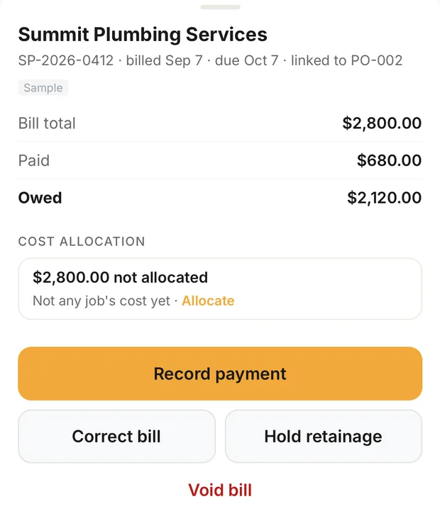 A bill with a partial payment: total, paid, owed and its cost allocation