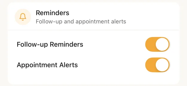 Settings, On the job: the Reminders card with both switches