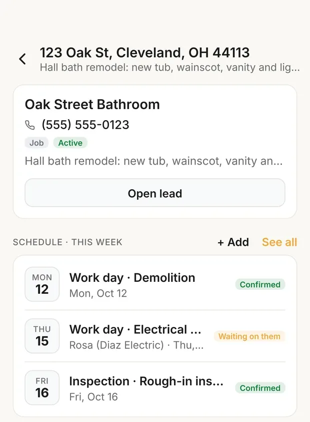 A job's schedule this week: two confirmed items and one waiting on the sub