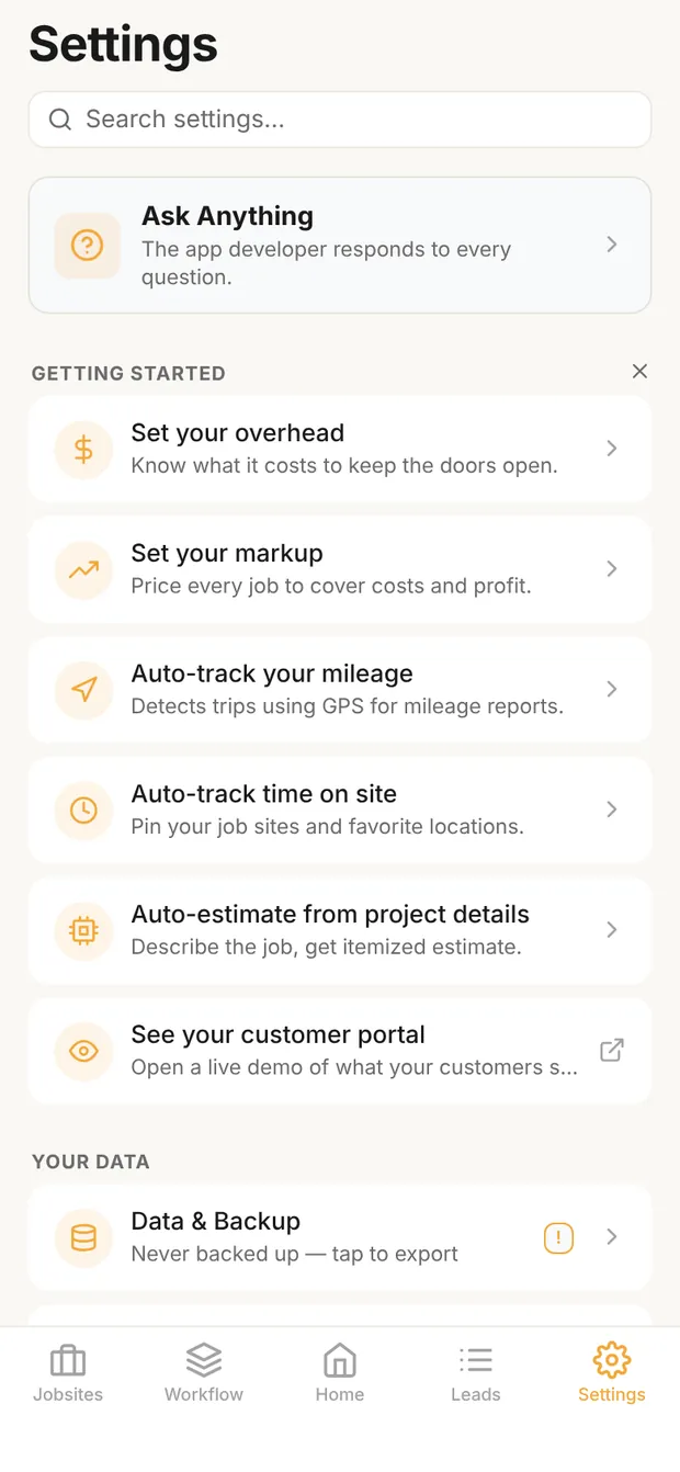 Settings, top: search, Ask Anything, Getting started, Your data